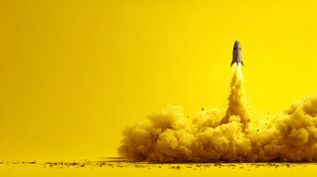 Rocket ignition scene with bright yellow backdrop, representing breakthrough ideas, innovation, and bold imaginationの素材
