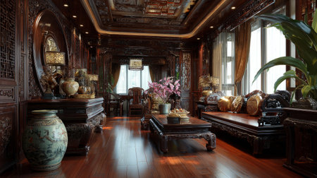 Luxurious Chinese living room interior, intricate wooden carvings, porcelain accents, polished hardwood floor, ambient light, 3D renderの素材