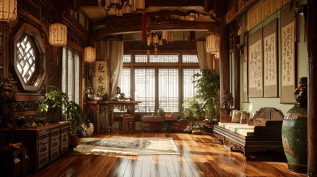 Traditional Chinese house interior, hardwood flooring, oriental furniture, jade accents, and hanging scrolls, 3D renderの素材