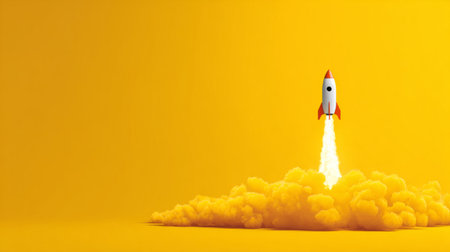 Modern rocket launch concept with glowing exhaust flames on yellow background, symbolizing ideas taking flightの素材