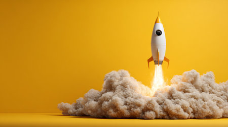 Rocket liftoff against yellow wall, representing creative spark, innovation energy, and success motivationの素材