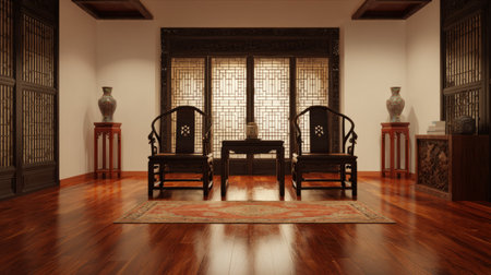 Traditional Chinese interior with symmetrical furniture arrangement, antique wooden chairs, and elegant redwood flooring, 3D renderの素材