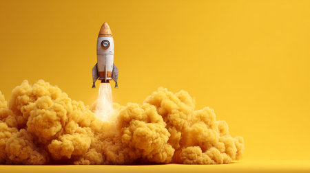 Rocket launching from the ground with smoke clouds on yellow background, symbol of creativity, success, and imaginationの素材