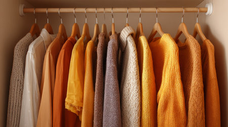 A bright modern wardrobe with women blouses, shirts, and sweaters arranged by tone, cozy and inviting dressing areaの素材