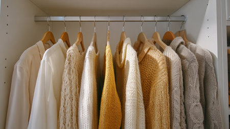 A bright modern wardrobe with women blouses, shirts, and sweaters arranged by tone, cozy and inviting dressing areaの素材