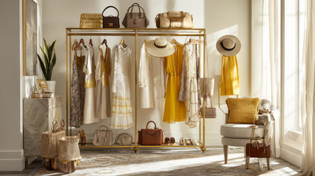 Bright, elegant dressing space featuring modern spring clothes, handbags, hats, and jewelry, styled with soft daylightの素材