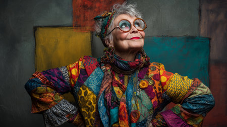 Artistic studio portrait of old lady in colorful patterned attire, joyful and confident expression with creative compositionの素材