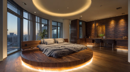 Contemporary home interior with round wooden bed design, ambient integrated lighting, and minimal desk built into frameの素材