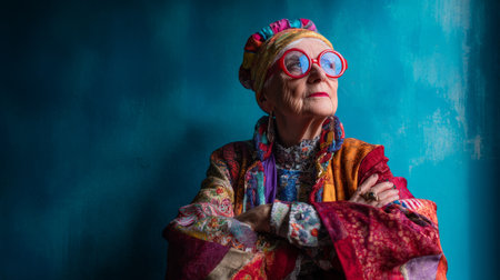 Creative portrait of senior lady in eccentric colorful clothes, expressive character and personality under bright lightsの素材