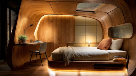 Cozy interior with curved wooden bed illuminated by integrated lighting, small workspace seamlessly attached to the frameの素材