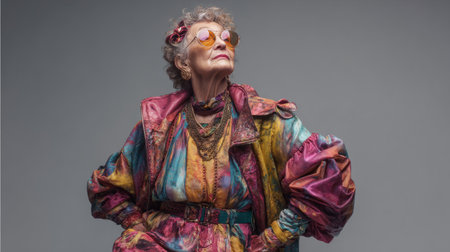 Fashion-forward senior woman wearing colorful garments, expressive pose in a contemporary studio light setupの素材
