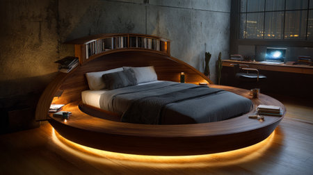 Futuristic bedroom featuring circular wooden bed with underlight details and small built-in workspace for convenienceの素材