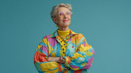 Joyful fashionable old lady in multi-color outfit, standing confidently against plain studio background, vivid and inspiringの素材