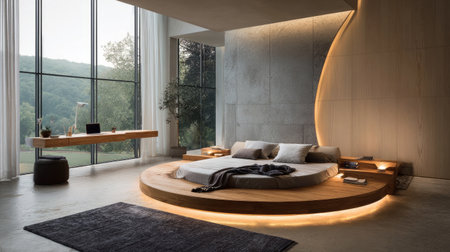 Modern bedroom featuring a circular wooden bed with integrated LED lighting and a sleek built-in work surface, minimalist designの素材