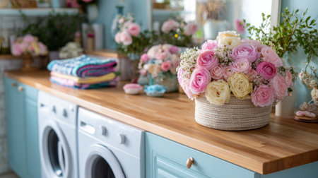 Pastel blue laundry space filled with creativity, floral arrangement in washer, colorful basket of clothes on wooden counterの素材