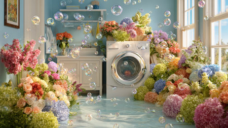 Light blue laundry room with washing machine overflowing with colorful flowers, soap bubbles floating in sunlight, cheerful home sceneの素材