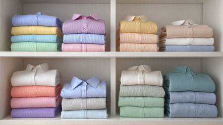 Organized female wardrobe with pastel shirts, crisp blouses, and soft sweatshirts folded on white shelves, lifestyle conceptの素材