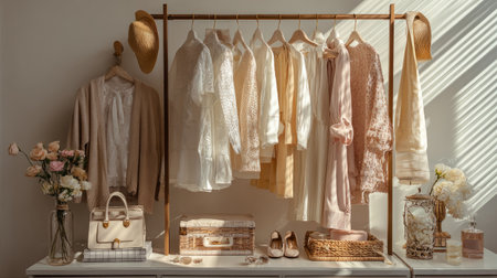 Stylish wardrobe display with trendy spring clothing and accessories, elegant composition with natural lighting and neutral huesの素材