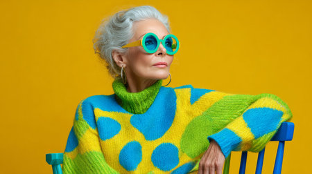 Trendy senior woman with vibrant style posing in bright studio, mix of modern and retro fashion elementsの素材