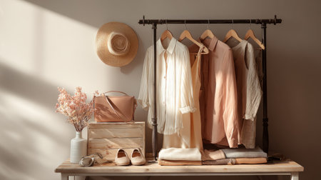 Stylish wardrobe display with trendy spring clothing and accessories, elegant composition with natural lighting and neutral huesの素材