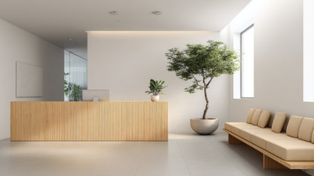 Bright doctor office lobby, minimalist design with wooden counter, white walls, potted plant, and comfortable beige seatingの素材