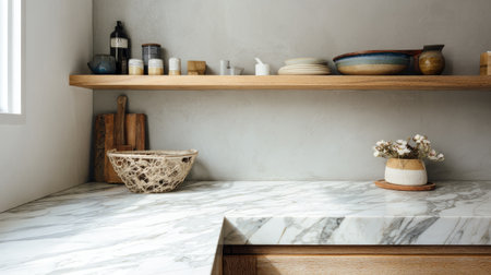 Bright and minimal kitchen corner, marble countertop catching soft light, simple wooden shelving aboveの素材