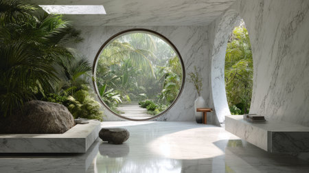 Bright contemporary space with marble surfaces, large round window view of tropical garden, minimalist artistic settingの素材