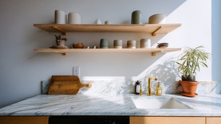 Bright and minimal kitchen corner, marble countertop catching soft light, simple wooden shelving aboveの素材