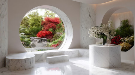 Bright interior with smooth marble surfaces, round window revealing vibrant garden scenery, minimalist decor and sculptural white podiumの素材