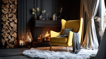 Cozy home aesthetic with yellow chair, warm lighting, firewood decor, dark walls, white carpet, and soft draperyの素材