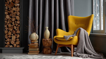 Elegant cozy living room corner with yellow wooden armchair, blanket, gray curtains, stacked wood and moody wall tonesの素材