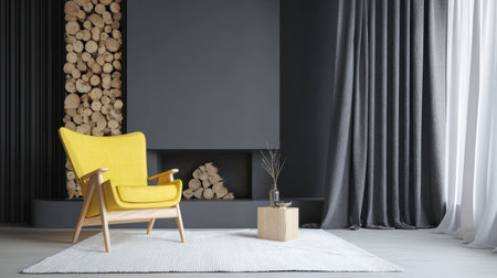 Minimalist living room, yellow wooden chair on white rug, modern fireplace with stacked wood, dark feature wall, and gray curtainsの素材