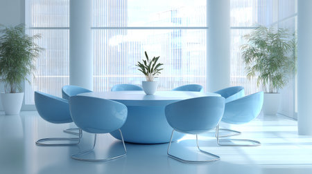 Modern blue conference room interior featuring a round table, sleek blue chairs, minimalist design, and soft natural lightingの素材