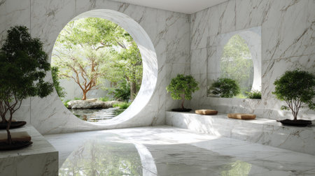 Modern serene marble room with organic circular opening, garden reflections, white decor and plantersの素材