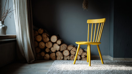 Modern cozy home interior, yellow wooden chair beside stacked logs, white carpet, dark gray wall, and soft curtain lightingの素材