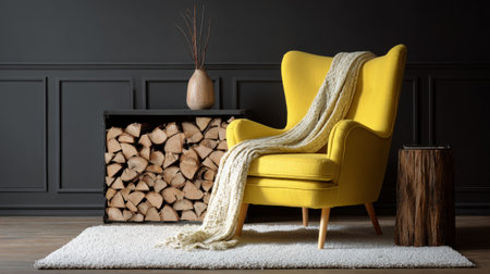 Sophisticated interior scene, yellow armchair with blanket, clean white rug, stacked firewood detail, moody dark wallsの素材