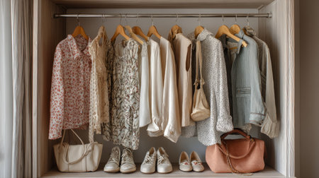 Fashionable open wardrobe featuring light spring fabrics, stylish outfits, and coordinated accessories in modern daylightの素材