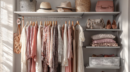 Fashionable open wardrobe featuring light spring fabrics, stylish outfits, and coordinated accessories in modern daylightの素材