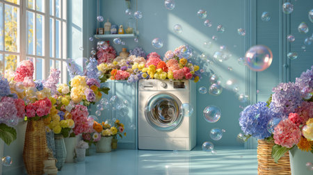 Light blue laundry room with washing machine overflowing with colorful flowers, soap bubbles floating in sunlight, cheerful home sceneの素材