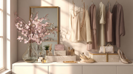 Modern dressing room styled with chic spring outfits and elegant accessories, contemporary neutral design aestheticの素材