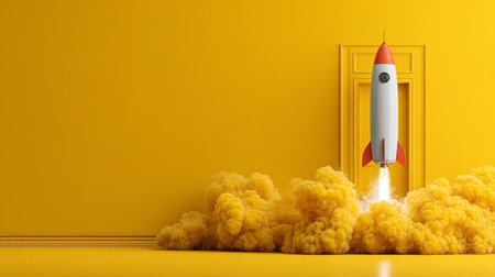 Innovative concept illustration of rocket takeoff against yellow wall, representing creative thinking and futuristic ideasの素材