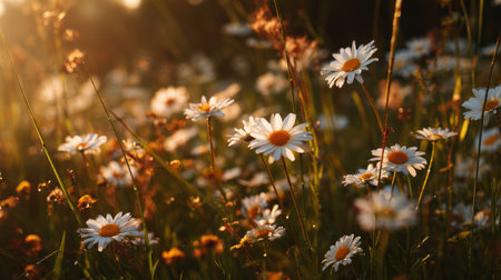 Sparkling daisy field captured during golden hour, sun low in the sky casting a warm glow over petals and grassの素材