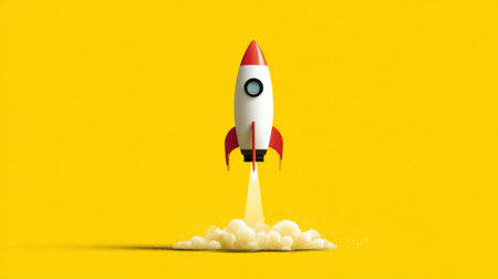 Rocket soaring upward in yellow space, creative thinking and innovation theme, minimal flat compositionの素材