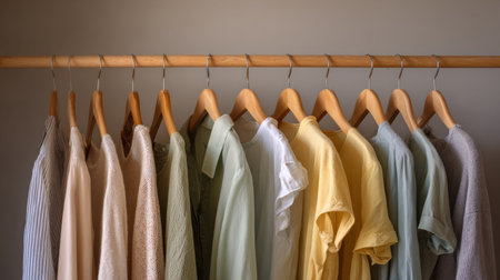 Minimalist wardrobe interior showcasing neutral and pastel-colored women tops, shirts, and blouses on wooden hangersの素材