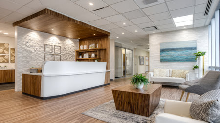 Professional medical reception area with modern furniture, white decor, wooden tones, and clean organizationの素材