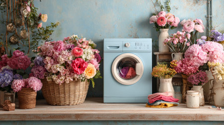 Pastel blue laundry space filled with creativity, floral arrangement in washer, colorful basket of clothes on wooden counterの素材