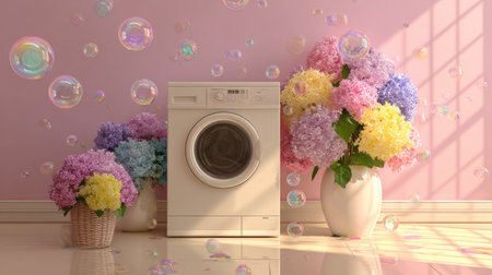 Vibrant and playful laundry room setup, flowers blooming from washing machine door, floating bubbles and sunny reflectionsの素材