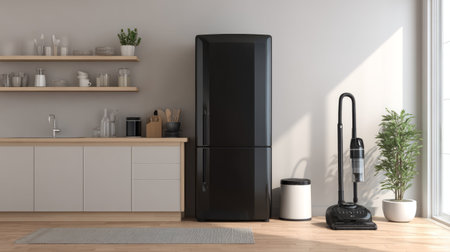 Chic kitchen corner interior featuring black refrigerator, small white trash bin, and cordless vacuum in bright neutral spaceの素材