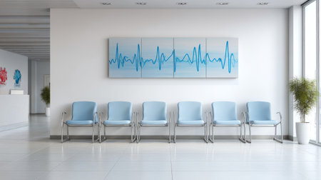 Bright hospital waiting room interior featuring blue cross and heartbeat wall art, six empty chairs, clean minimalist decorの素材