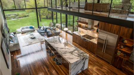 Aerial photo of contemporary home kitchen with wooden cabinetry, marble tops, and stainless steel fridge near panoramic green viewsの素材